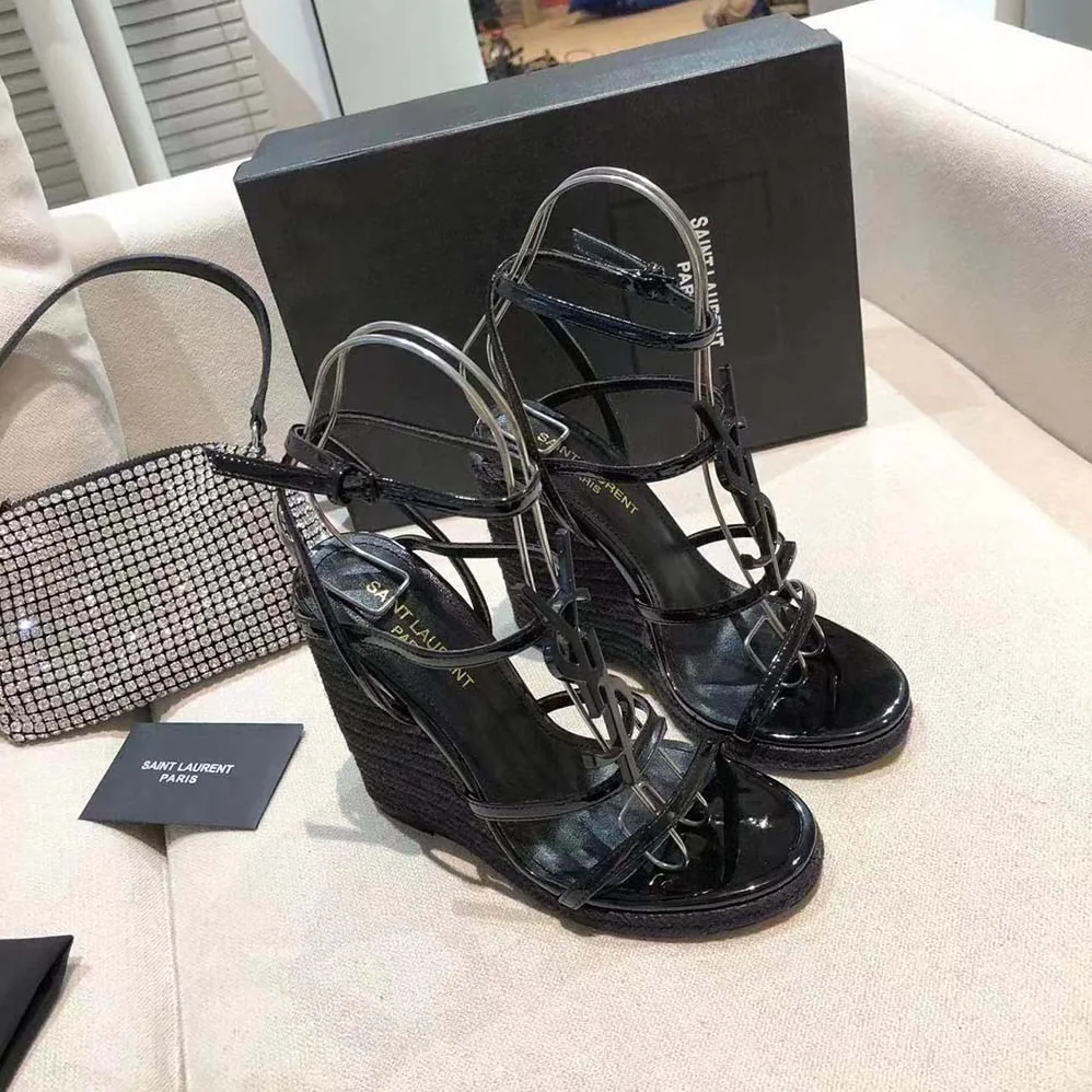 Saint Laurent YSL Cassandra Wedge Espadrilles in Leather for Women