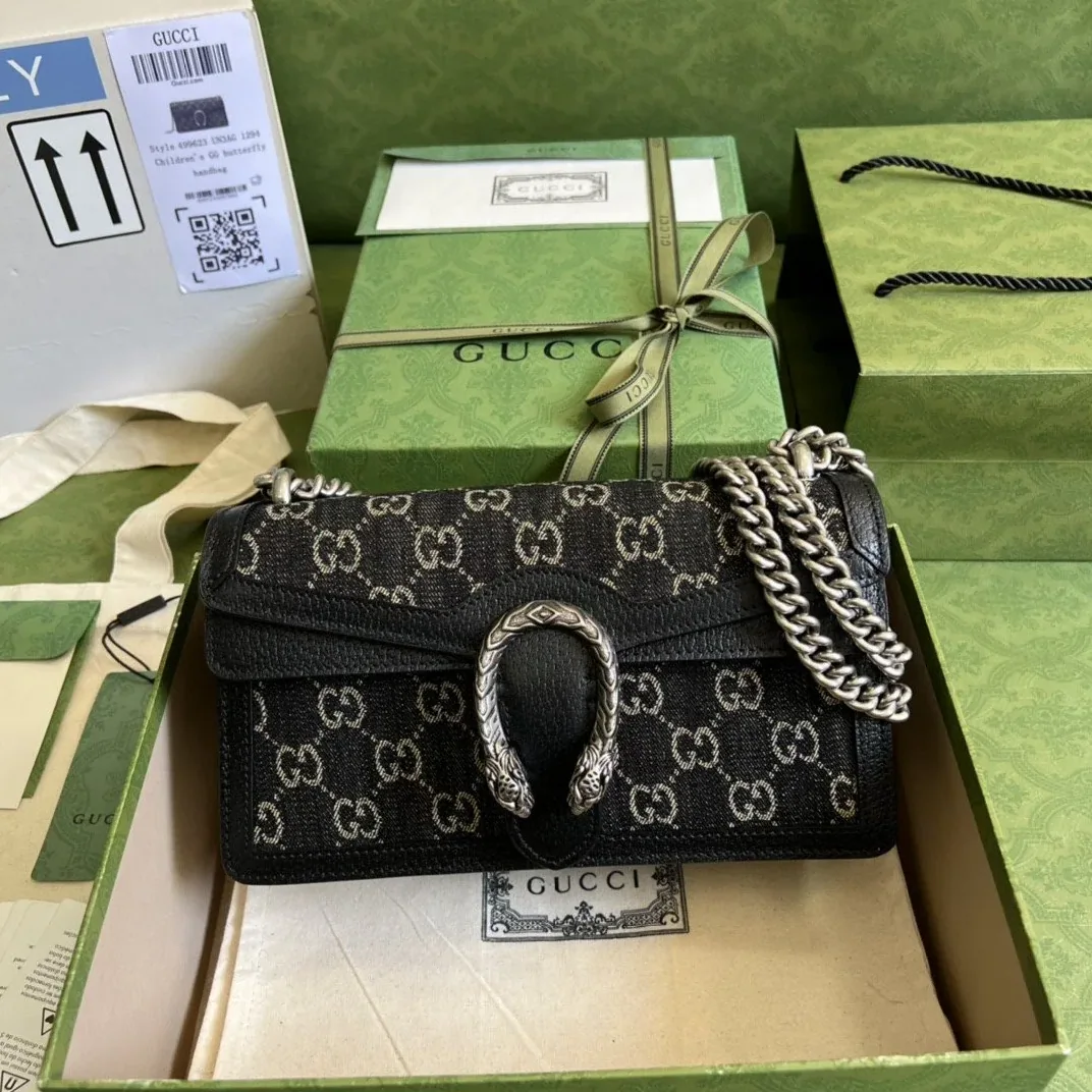 Gucci Dionysus Small Shoulder Bag / Black/ Ivory GG Denim Jacquard Antique Silver Hardware