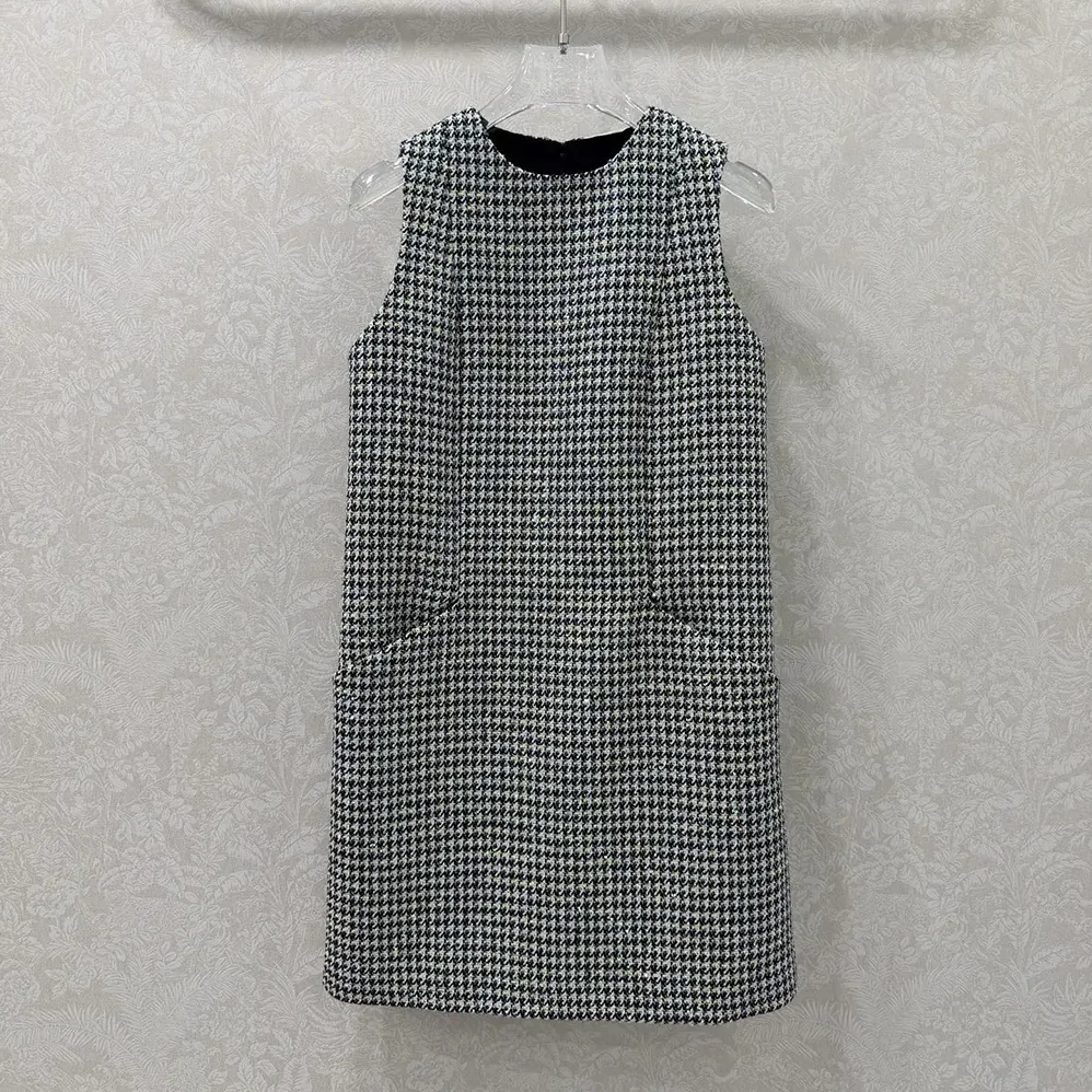 Dior Straight Dress Black and White Houndstooth Virgin Wool Blend with Multicolor Sequins for Women