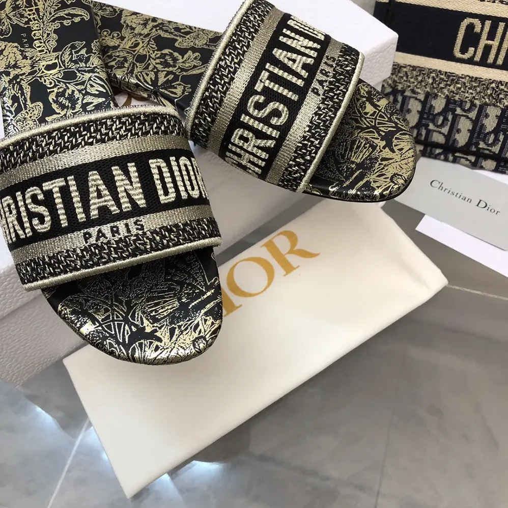 Dior Dway Slide Cotton Embroidered with Metallic Thread and Black for Women Dior Dway Slide Cotton Embroidered with Metallic Thread and Black for Women