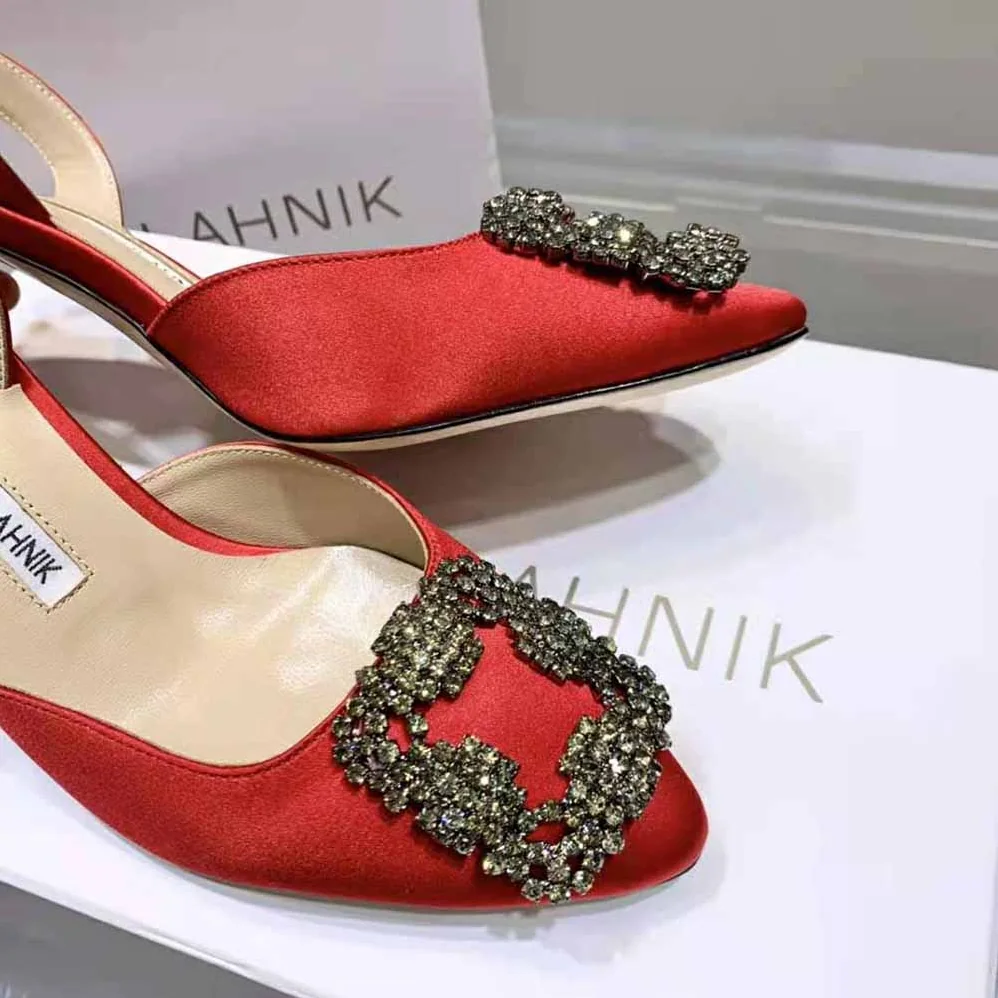 Manolo Blahnik Red Satin Jewel Buckle Slingback Pumps for Women Manolo Blahnik Red Satin Jewel Buckle Slingback Pumps for Women