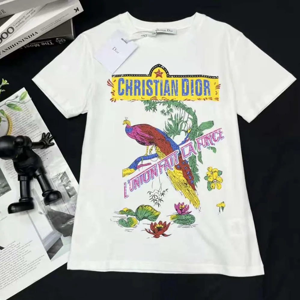 Dior T-shirt White Cotton and Linen Jersey with Multicolor Indian Animals Peacock Motif for Men