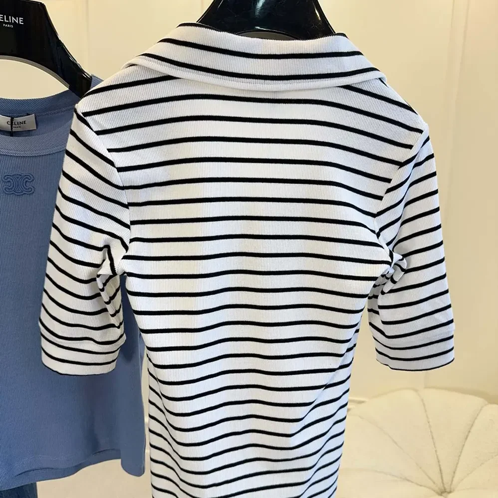 Celine Polo Shirt in Striped Silk Jersey for Women Celine Polo Shirt in Striped Silk Jersey for Women