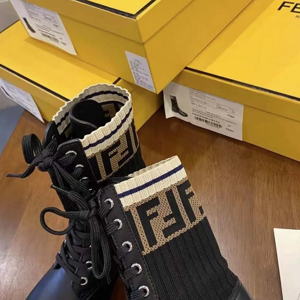 Fendi Rockoko Black Leather Biker Boots with Stretch Fabric for Women Fendi Rockoko Black Leather Biker Boots with Stretch Fabric for Women