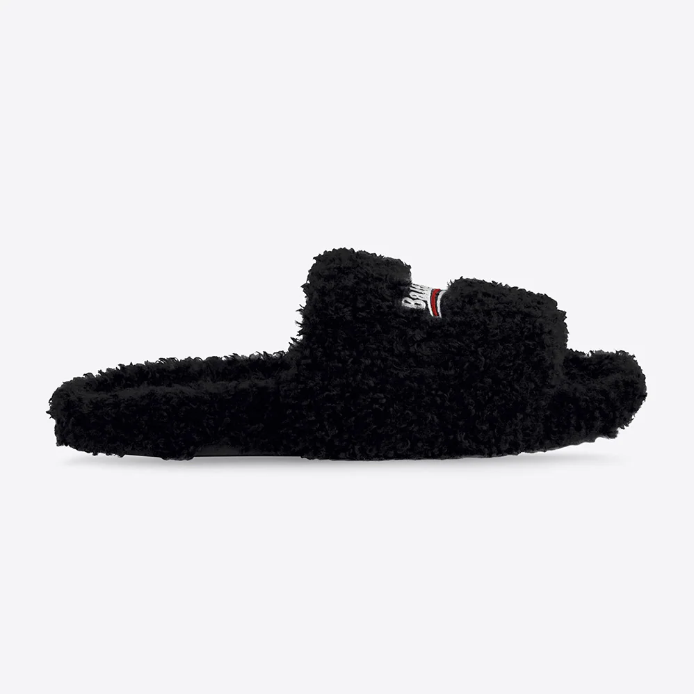 Balenciaga Furry Slide Sandal in Black Fake Shearling white Political Campaign Embroideries for Women