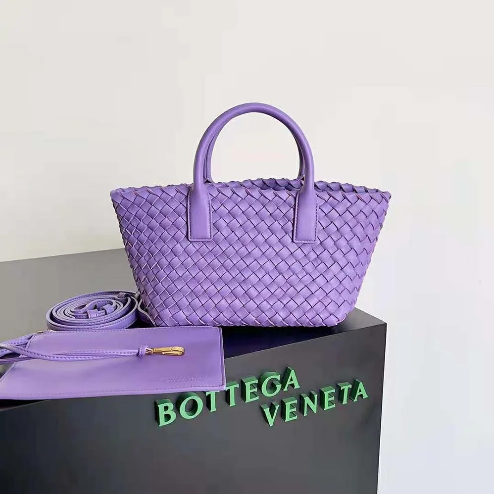Bottega Veneta Mini Cabat Intreccio Leather Tote Bag with Detachable Strap for Women in Purple