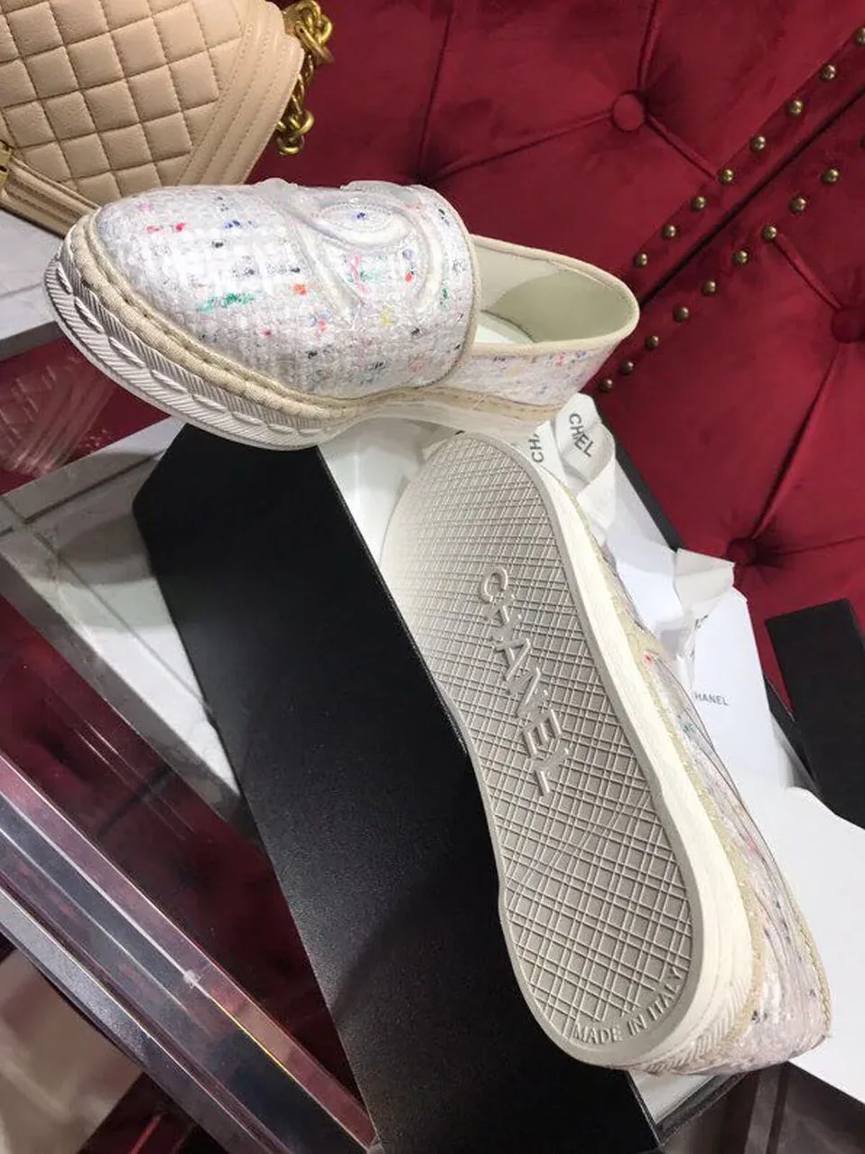 Chanel Tweed/PVC CC Logo Espadrilles White , Shoes