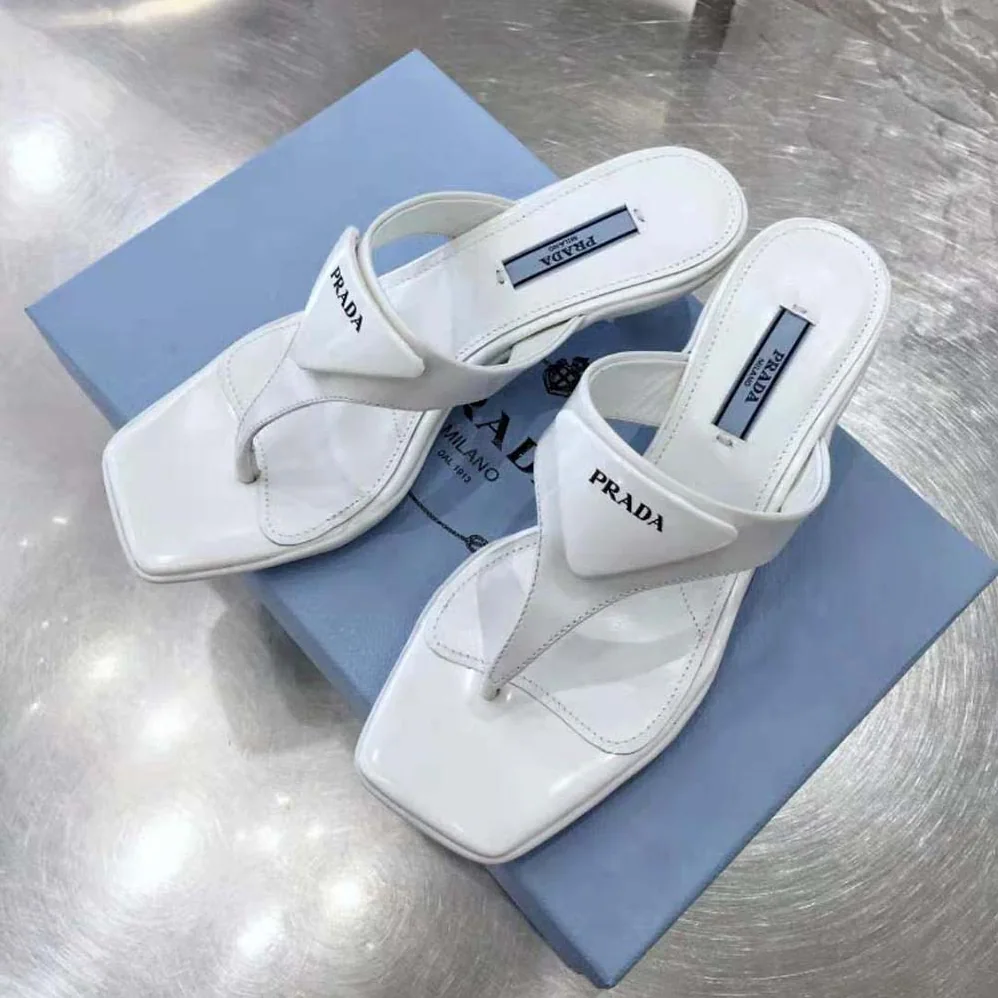 Prada Brushed Leather High-heeled Thong Sandals for Women in White