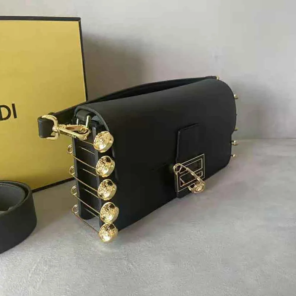 Fendi Baguette Brooch Fendace Black Leather Bag for Women