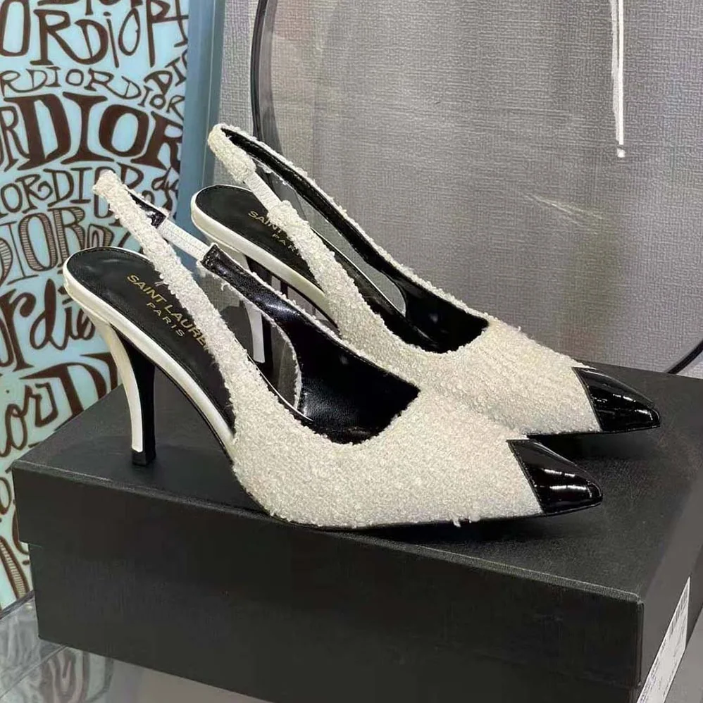 Saint Laurent YSL Vesper Slingback Pumps in Boucle Tweed for Women in White
