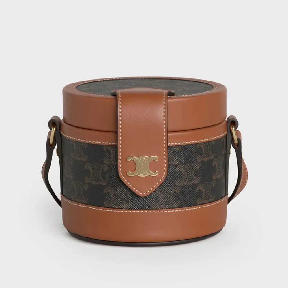 Celine Small Tambour Bag in Triomphe Canvas and Calfskin for Women in Brown