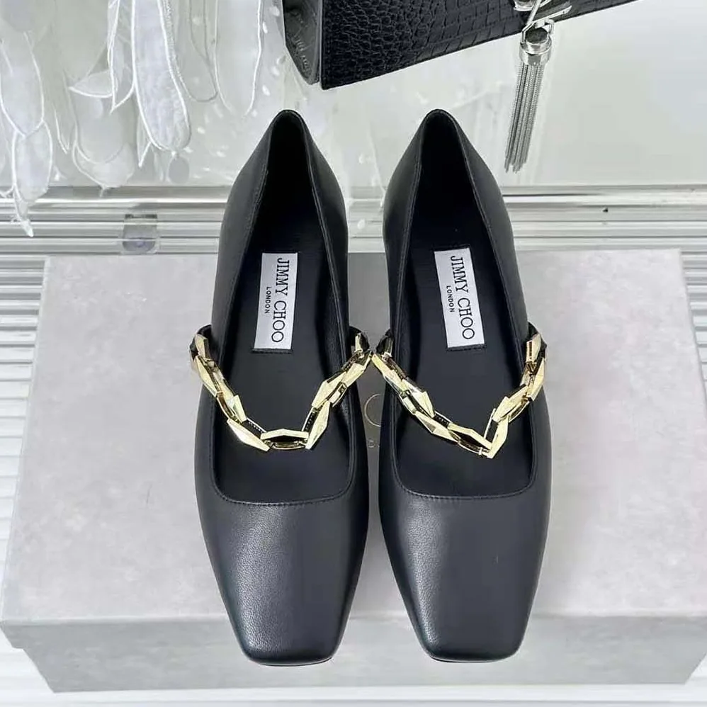 Jimmy Choo Diamond Tilda Flat Black Nappa Leather Flats with Chain for Women in Black Jimmy Choo Diamond Tilda Flat Black Nappa Leather Flats with Chain for Women in Black
