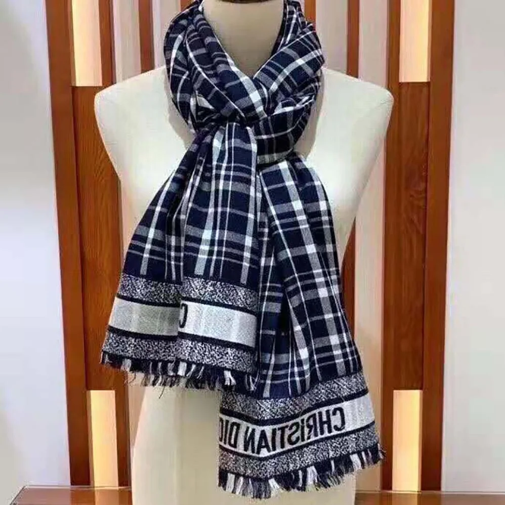 Dior Checkndior Pop Stole Navy Blue Cashmere Silk and Cotton for Women