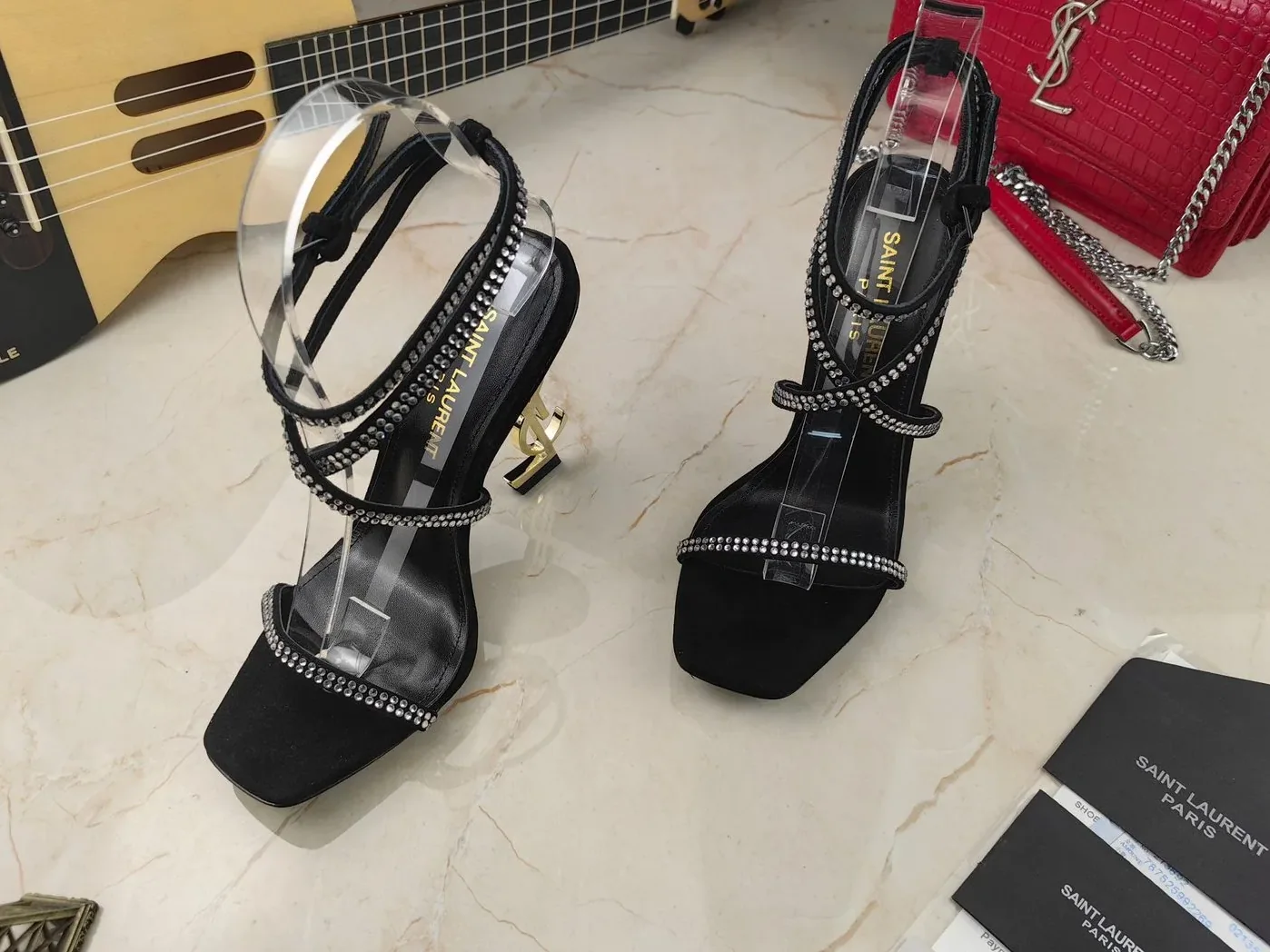Saint Laurent Opyum Sandals In Crepe Satin And Rhinestones Black Saint Laurent Opyum Sandals In Crepe Satin And Rhinestones Black