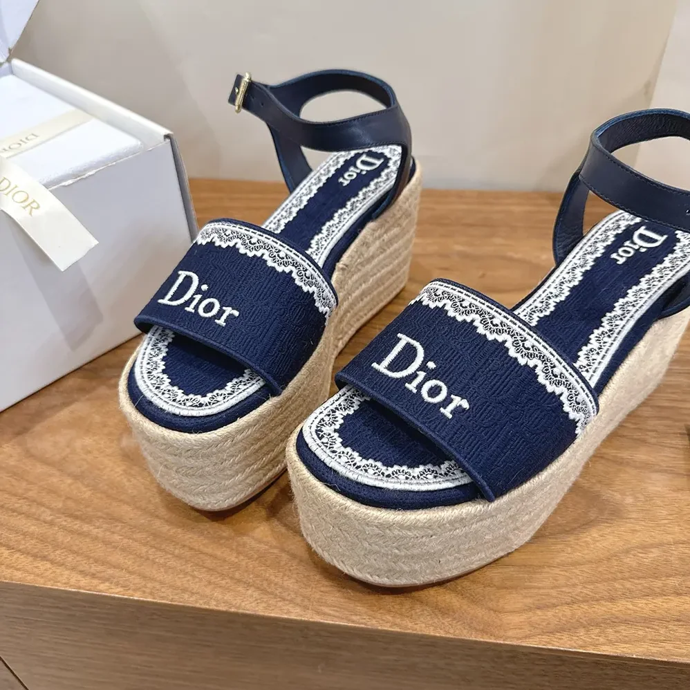 Dior Dentelle Wedge Sandal Navy Blue Dior Oblique Embroidered Cotton and White Lace for Women Dior Dentelle Wedge Sandal Navy Blue Dior Oblique Embroidered Cotton and White Lace for Women