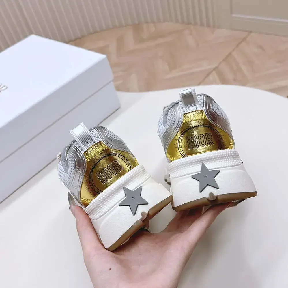 Dior Chrono Sneaker Beige Mesh with Gold-Tone and Silver-Tone Laminated Leather for Women in Effect Panels