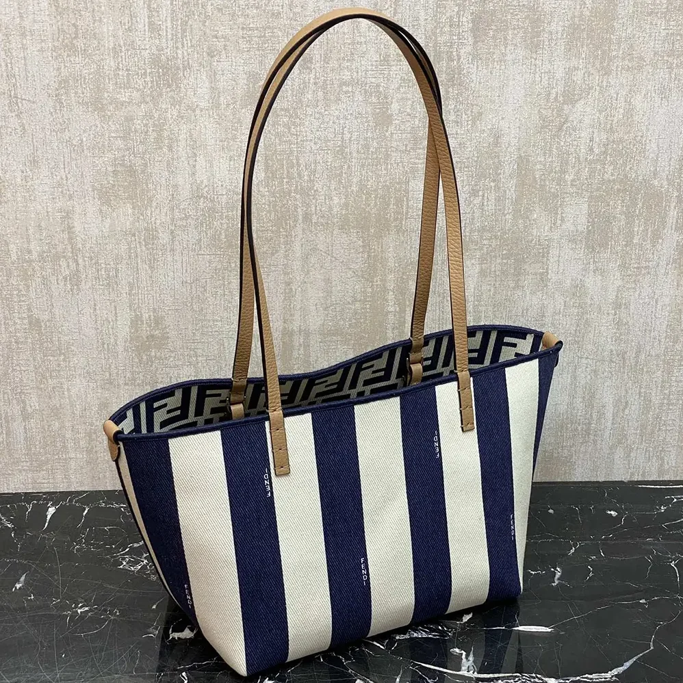 Fendi Small Roll Reversible Shopper in Pequin Striped and Midnight Blue FF Fabric for Women Fendi Small Roll Reversible Shopper in Pequin Striped and Midnight Blue FF Fabric for Women