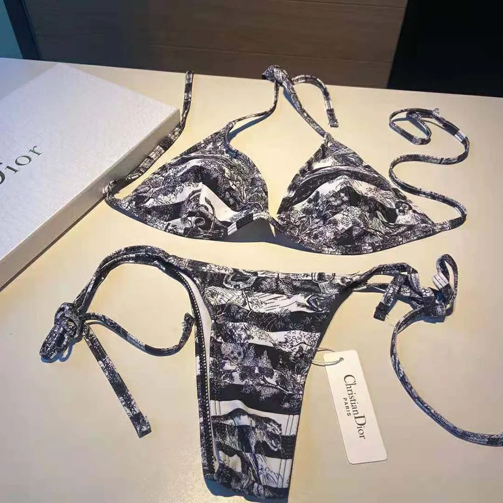 Dior Bikini Top Navy Blue Toile de Jouy Stripes Technical Fabric for Women