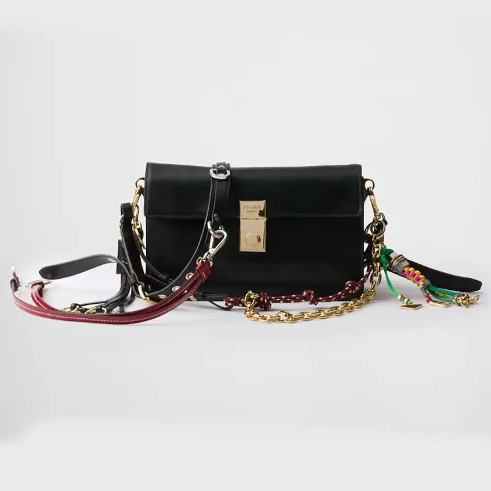 Prada Soft Sound Small Leather Shoulder Bag with Charms for Women in Black