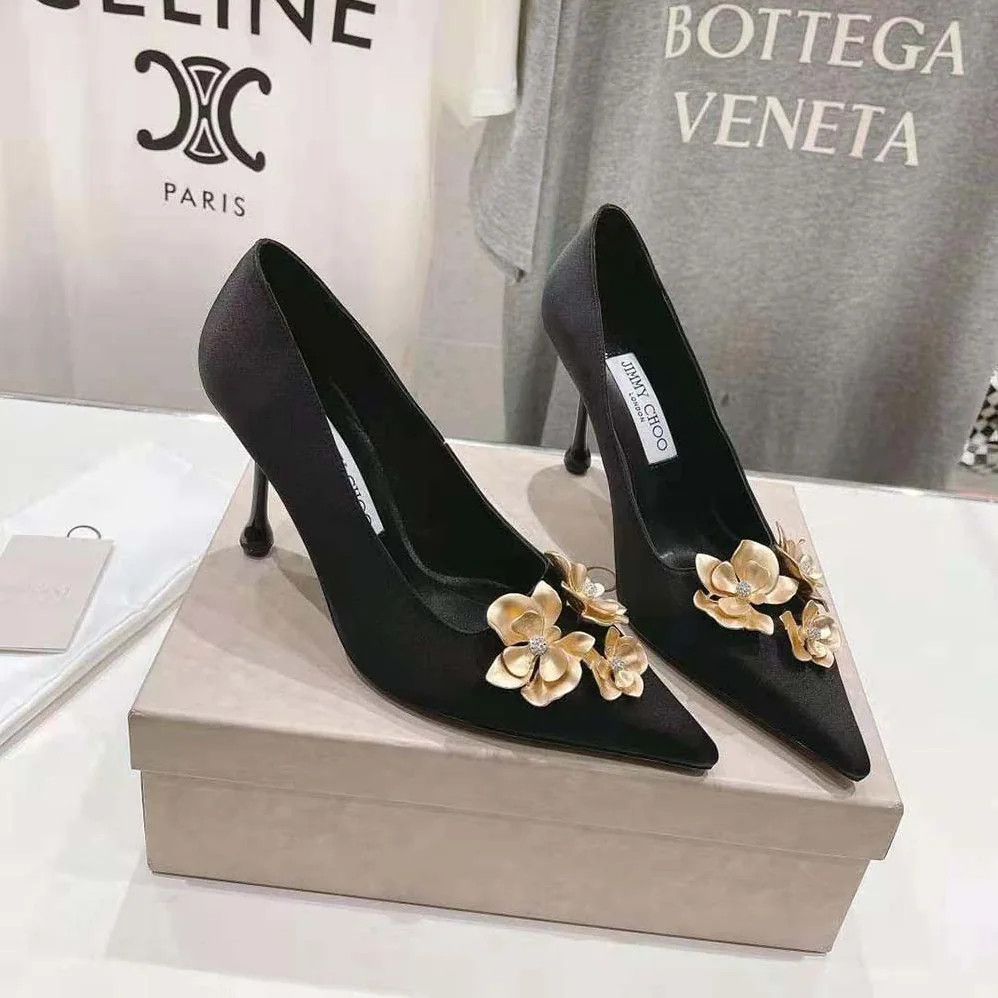 Jimmy Choo Ixia 95 Black Satin Pumps with Flowers-IXIA95BGU for Women