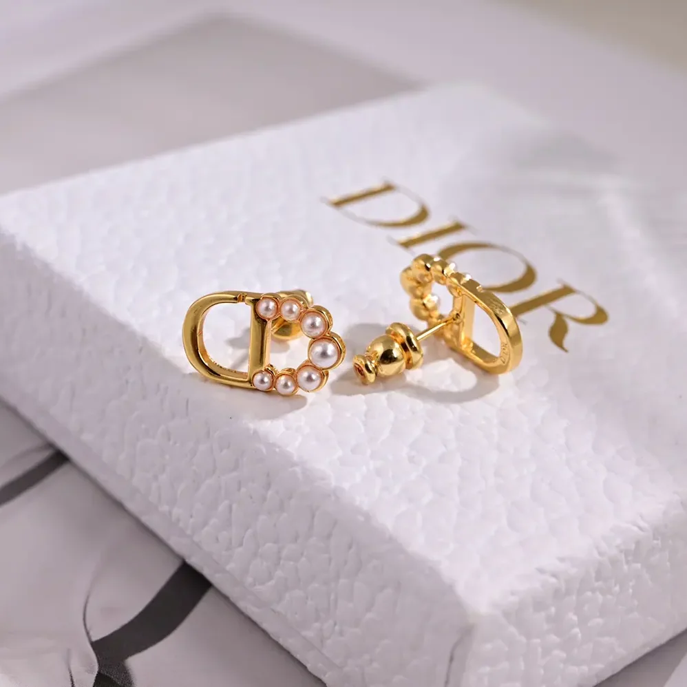 Dior Petit CD Mini Stud Earrings Gold-Finish Metal and White Resin Pearls for Women
