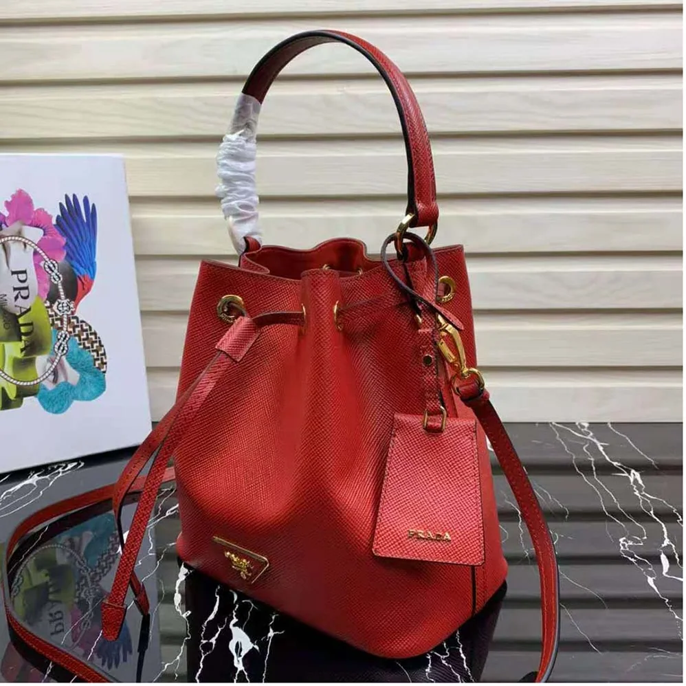 Prada Saffiano Leather Bucket Bag for Women in Red