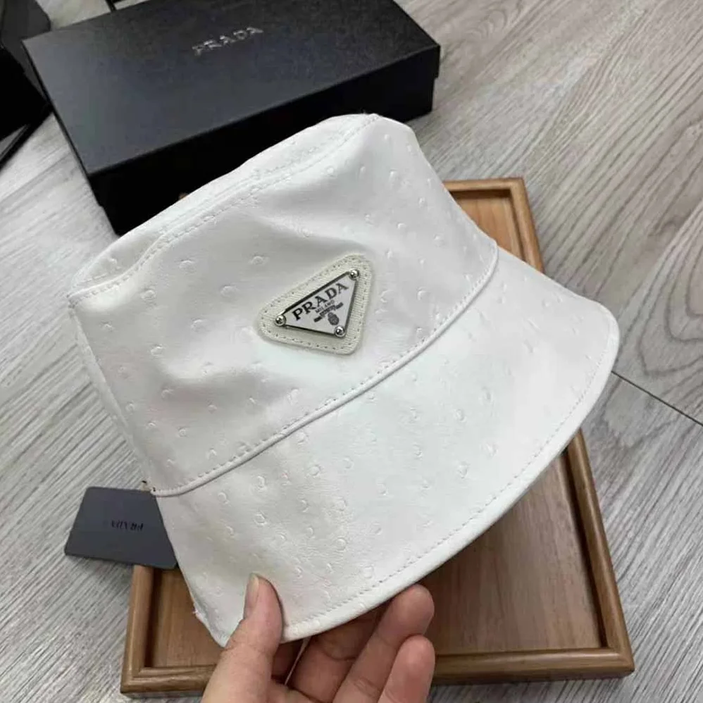 Prada Ostrich Leather Bucket Hat for Women in White Prada Ostrich Leather Bucket Hat for Women in White
