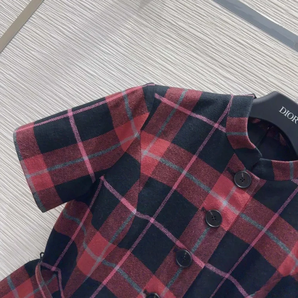 Dior Short Belted Dress Pink Gray and White Check'n'Dior Virgin Wool for Women Dior Short Belted Dress Pink Gray and White Check'n'Dior Virgin Wool for Women