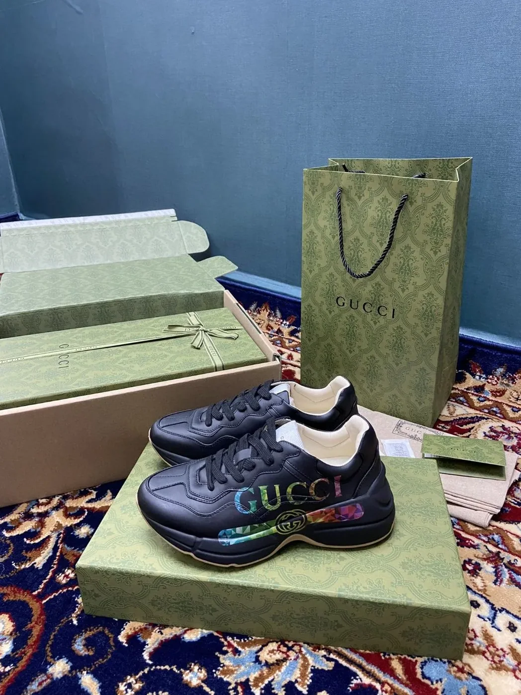 Gucci Rhyton Sneakers With Iridescent Logo Black for Men Gucci Rhyton Sneakers With Iridescent Logo Black for Men