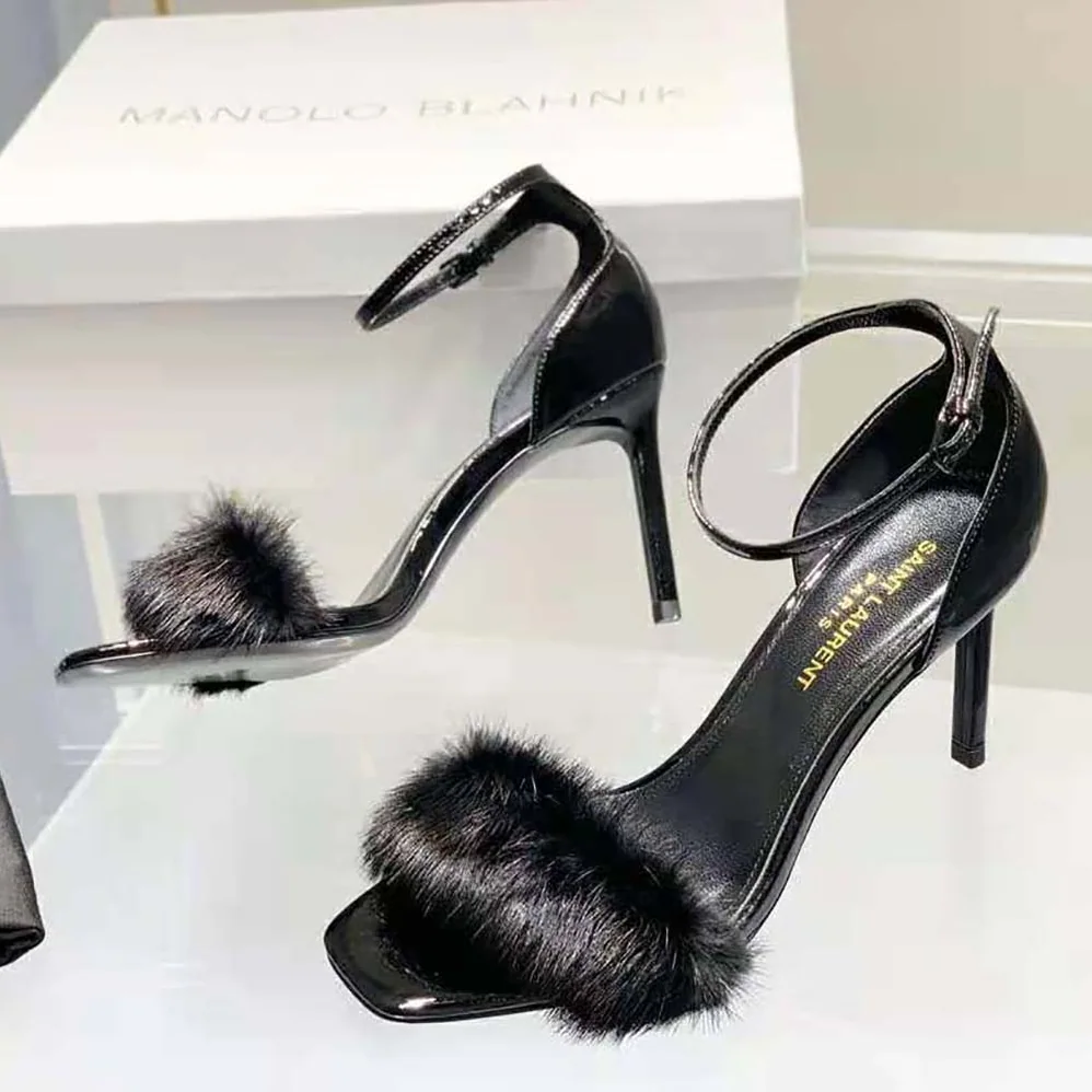 Saint Laurent YSL Bea Sandals in Patent Leather and Mink for Women Saint Laurent YSL Bea Sandals in Patent Leather and Mink for Women