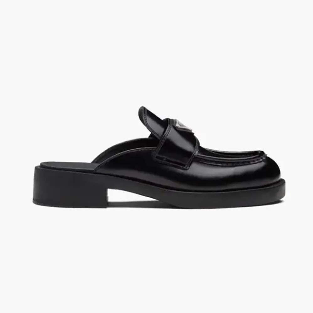 Prada Chocolate Brushed Leather Mules for Women in Black