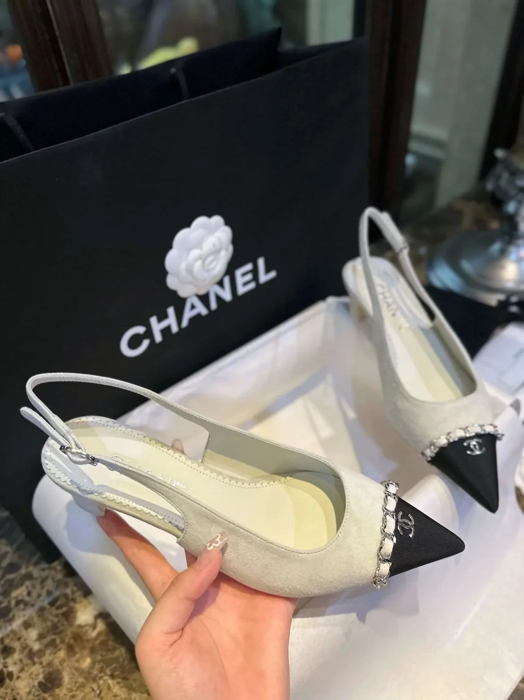 Chanel Patent Slingback Pumps Light Grey Chanel Patent Slingback Pumps Light Grey