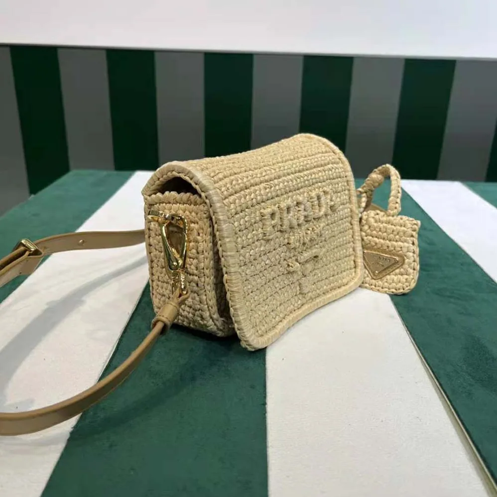Prada Crochet and Leather Shoulder Bag with Flap for Women Prada Crochet and Leather Shoulder Bag with Flap for Women