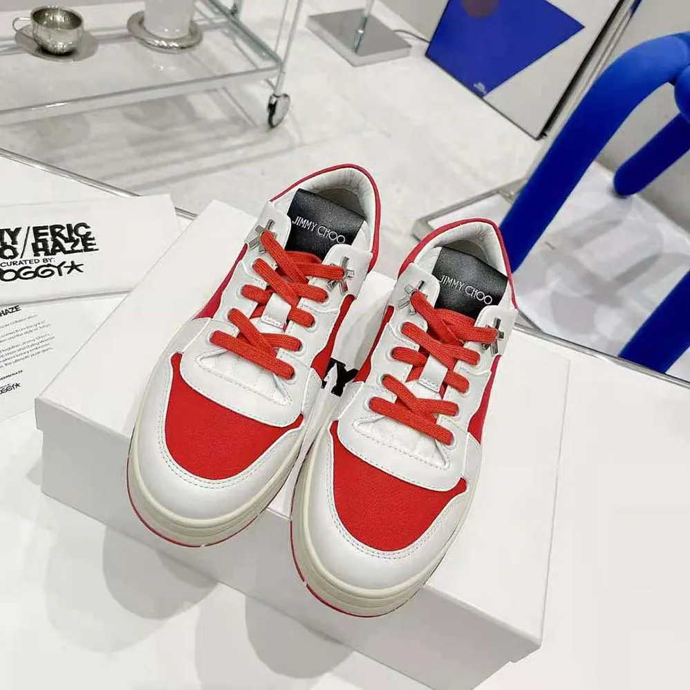 Jimmy Choo JC / Eric Haze Florent/M White Calf Leather and Red Canvas Trainers for Unisex