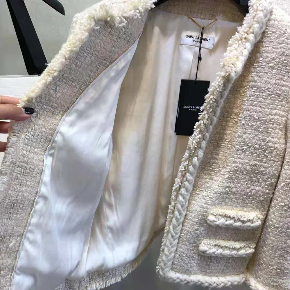 Saint Laurent YSL Short Jacket in Check Wool and Silk Tweed for Women Saint Laurent YSL Short Jacket in Check Wool and Silk Tweed for Women