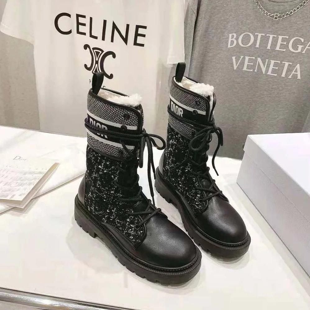 Dior D-Major Ankle Boot Black Calfskin with Black and White Cannage Tweed for Women Dior D-Major Ankle Boot Black Calfskin with Black and White Cannage Tweed for Women