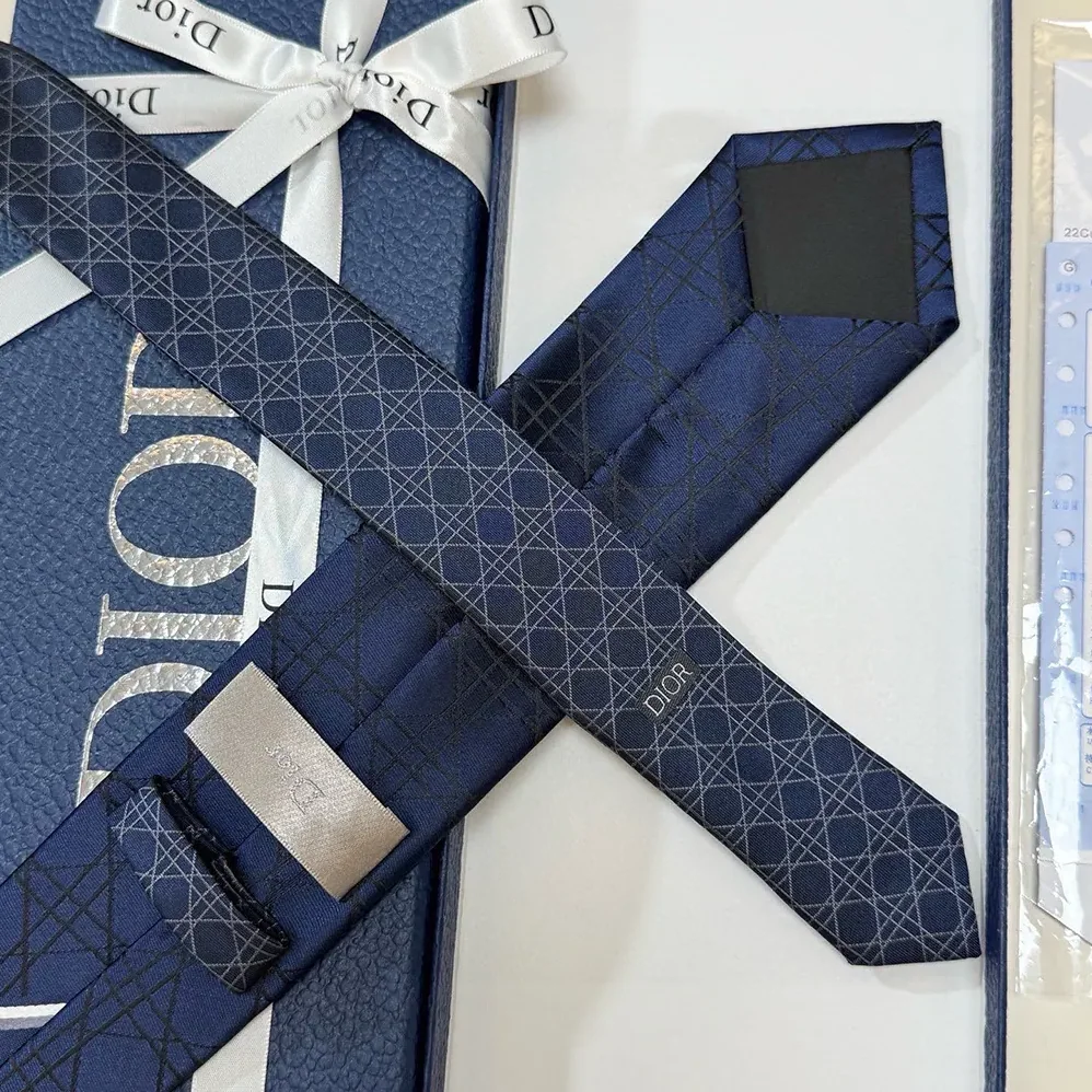 Dior Striped Cannage Tie Navy Blue Gray and White Silk for Men
