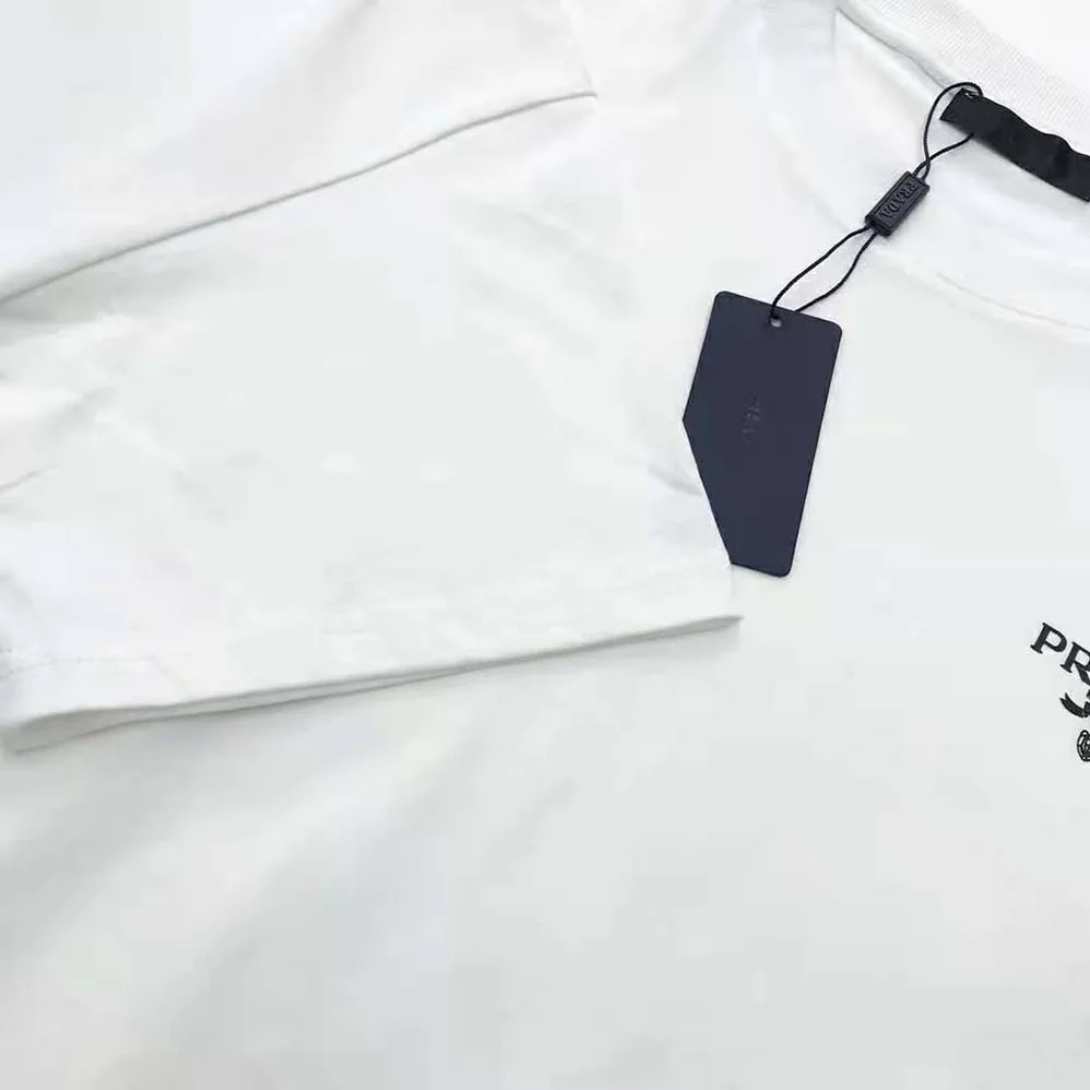 Prada Cotton T-Shirt with Nylon Details for Women in White Prada Cotton T-Shirt with Nylon Details for Women in White
