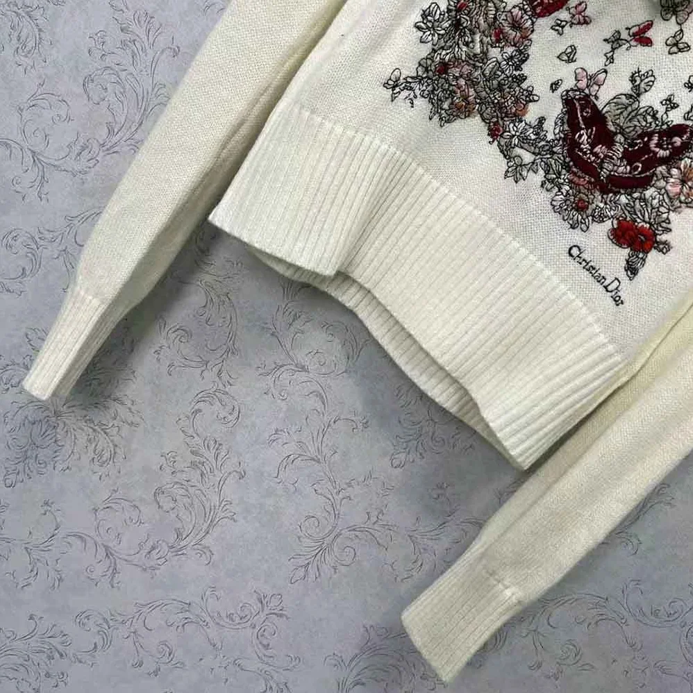 Dior Sweater White Cashmere with Multicolor Butterfly Motif for Women