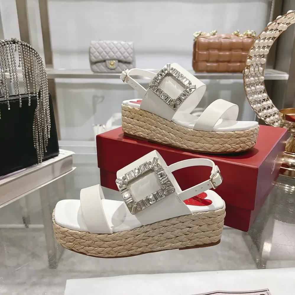 Roger Vivier Strass Buckle Raffia Wedge Sandals in Leather for Women Roger Vivier Strass Buckle Raffia Wedge Sandals in Leather for Women