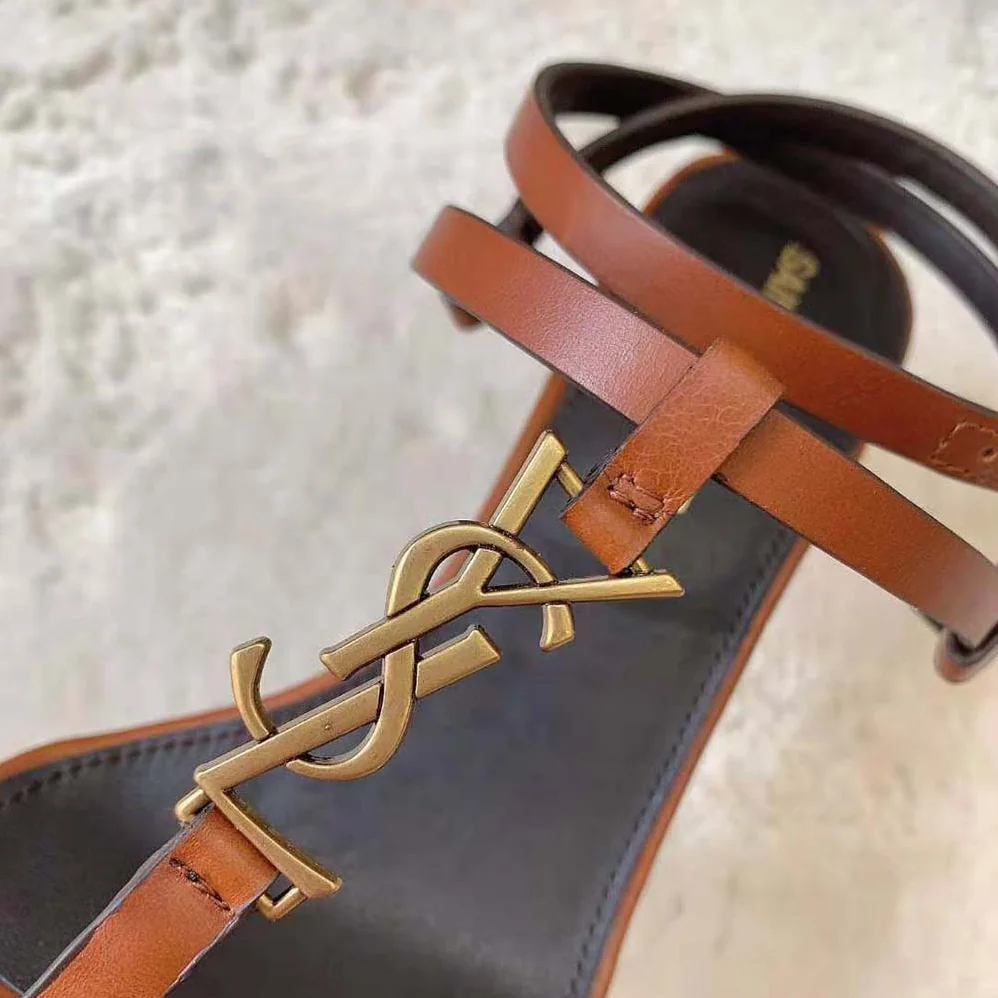 Saint Laurent YSL Cassandra Sandals in Smooth Leather for Women in Brown