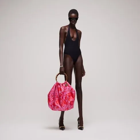 Gucci Silk Maxi With Bamboo Handle Tote Bag in Fuchsia/ Multicolor Gold Hardware Gucci Silk Maxi With Bamboo Handle Tote Bag in Fuchsia/ Multicolor Gold Hardware