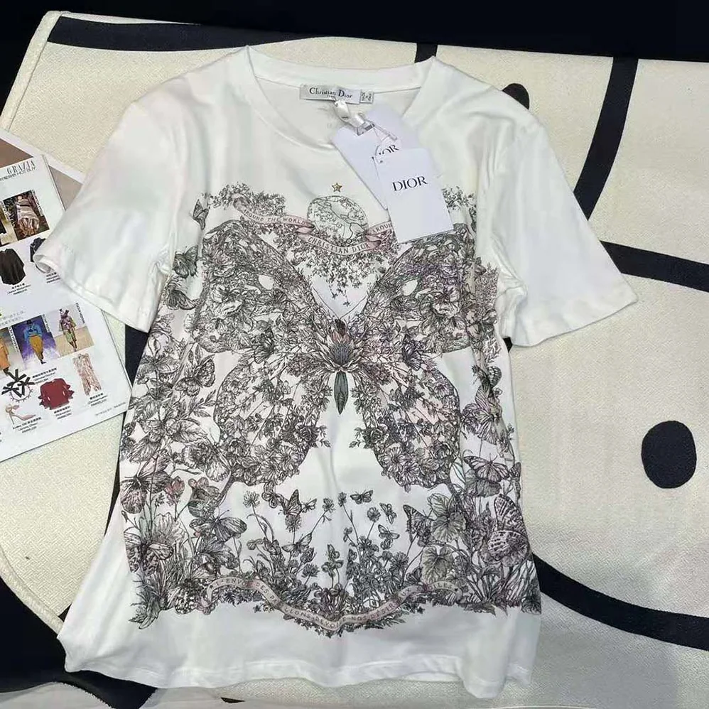 Dior T-Shirt White Cotton and Linen Jersey with Pastel Pink Butterfly Around The World Motif for Women