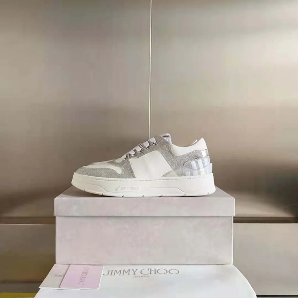 Jimmy Choo Florent/F White Leather Trainers with Glitter for Women