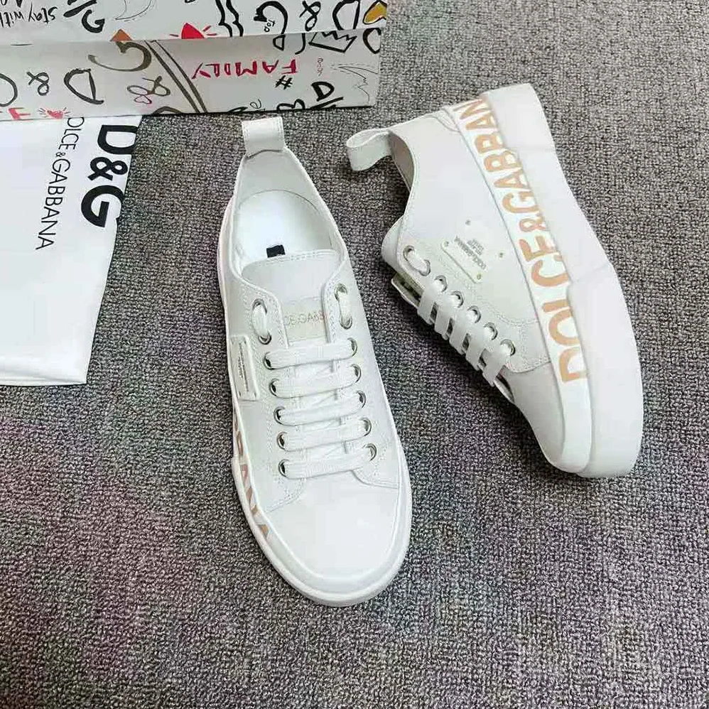 Dolce Gabbana D&G Calfskin Portofino Light Sneakers with Logo-Detailed Plate and Logo Print for Women in White Dolce Gabbana D&G Calfskin Portofino Light Sneakers with Logo-Detailed Plate and Logo Print for Women in White