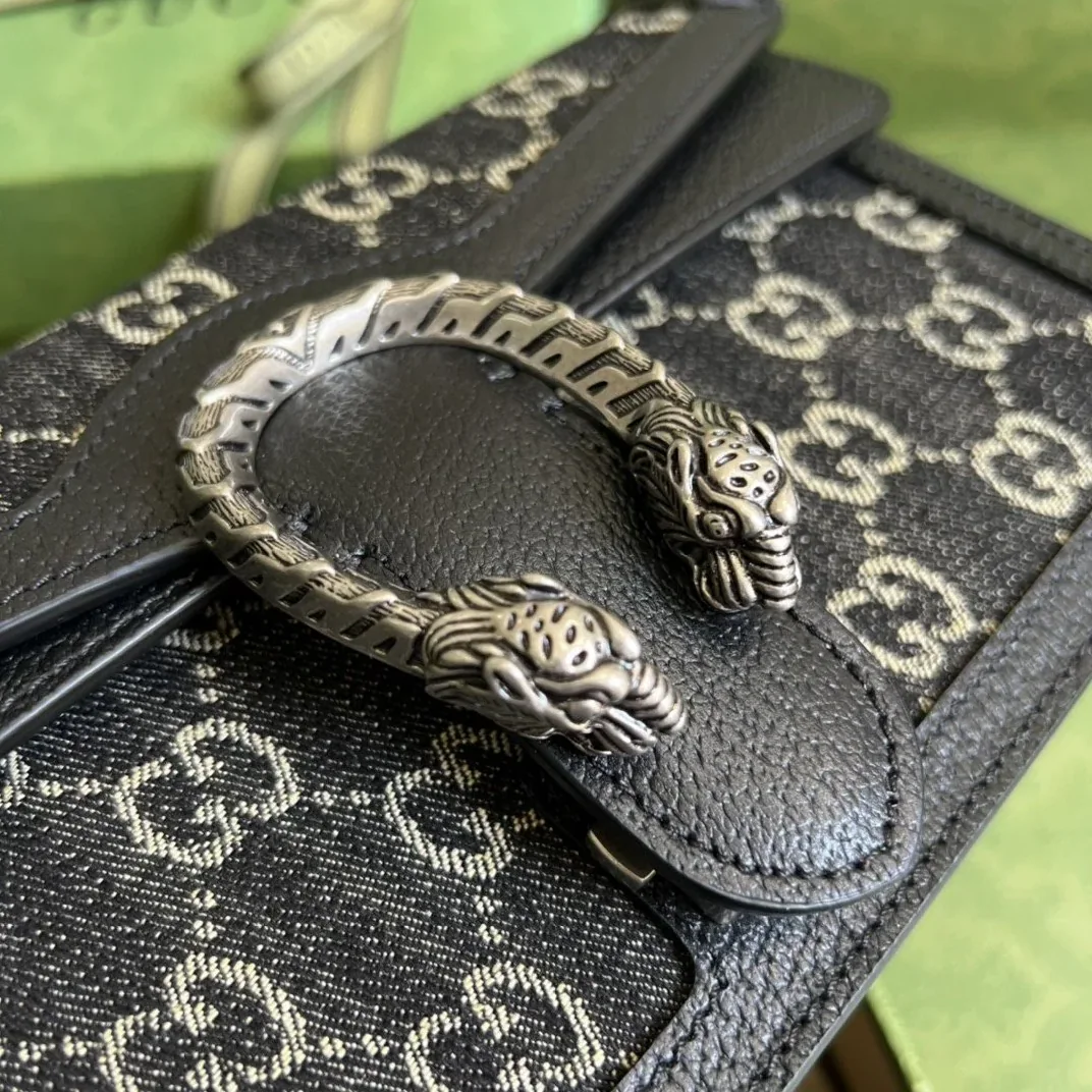 Gucci Dionysus Small Shoulder Bag / Black/ Ivory GG Denim Jacquard Antique Silver Hardware