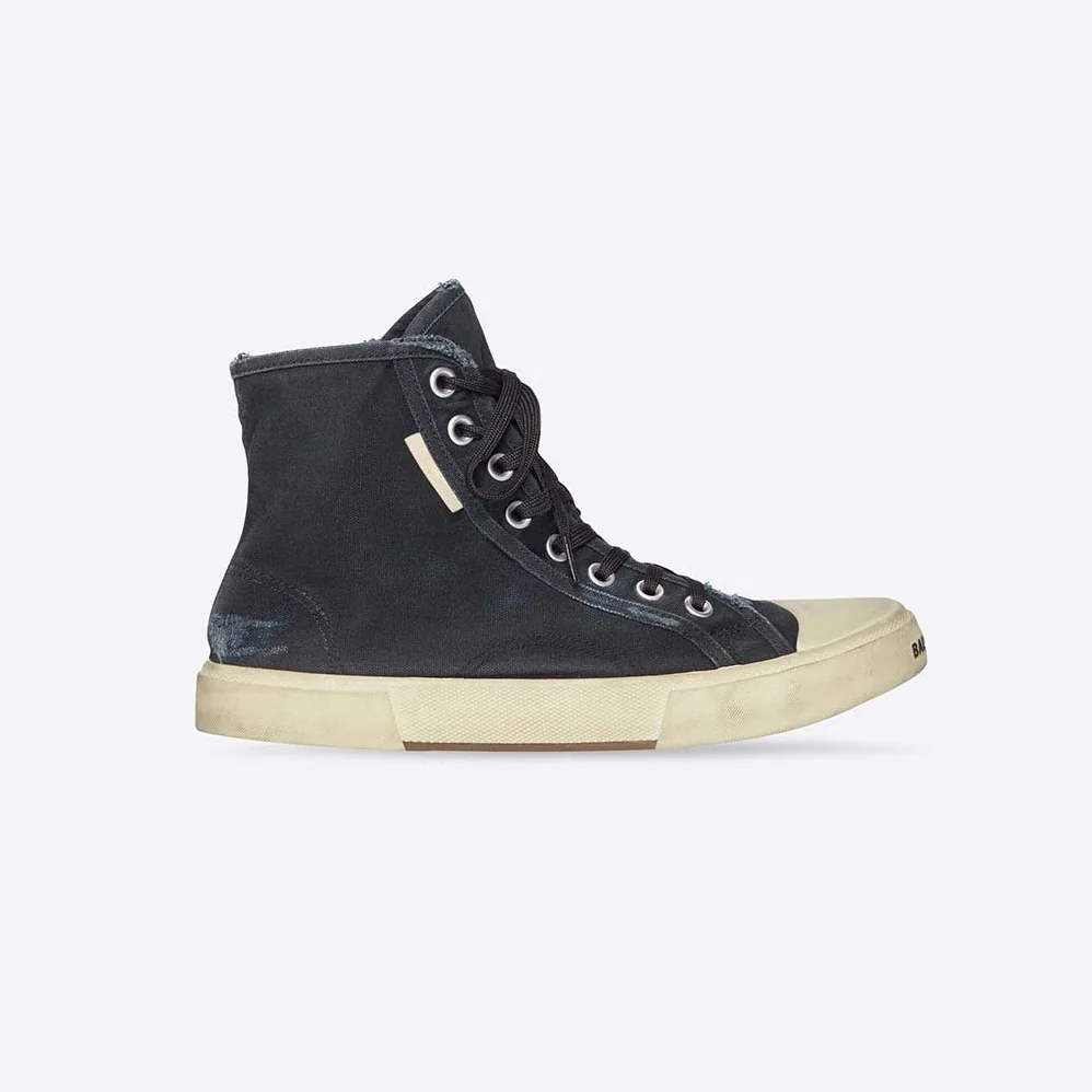 Balenciaga Paris High Top Sneaker in Black Destroyed Cotton and White Rubber for Unisex