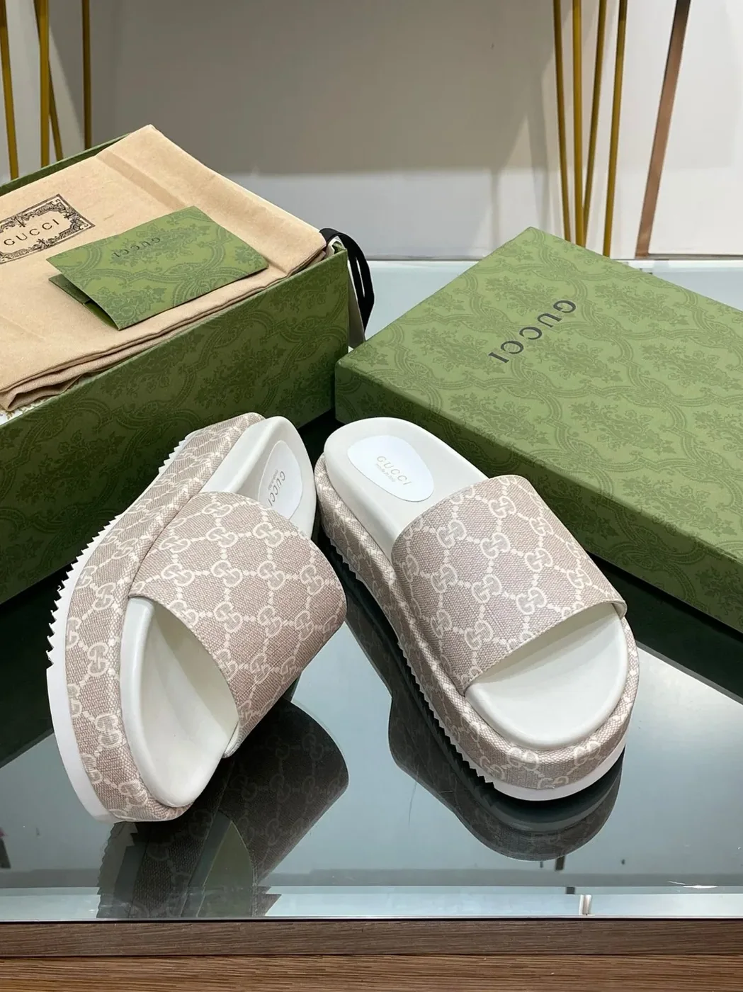 Gucci Jumbo Gg Platform Slide Sandal Light Green