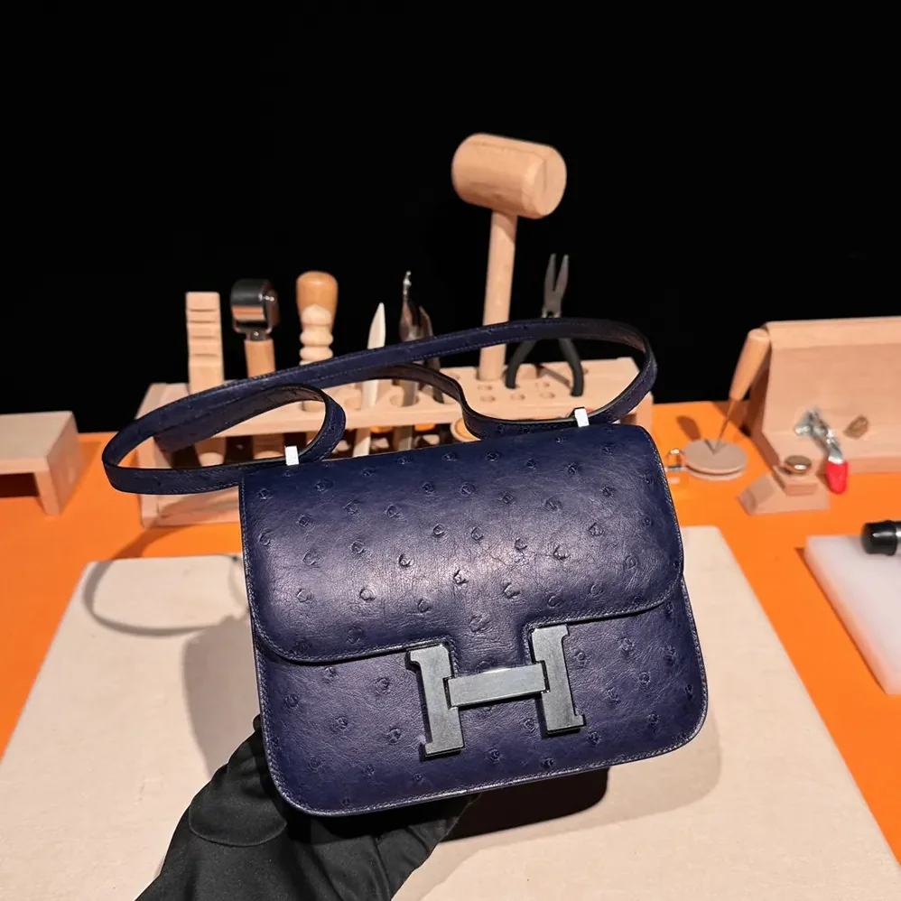 Hermes Constance 19 Bag Nata Ostrich Leather for Women in Navy/Silver