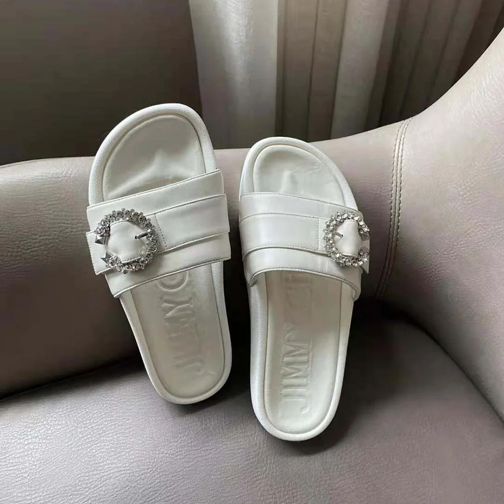 Jimmy Choo Fallon White Nappa Leather Slides with Crystal Buckle for Women Jimmy Choo Fallon White Nappa Leather Slides with Crystal Buckle for Women